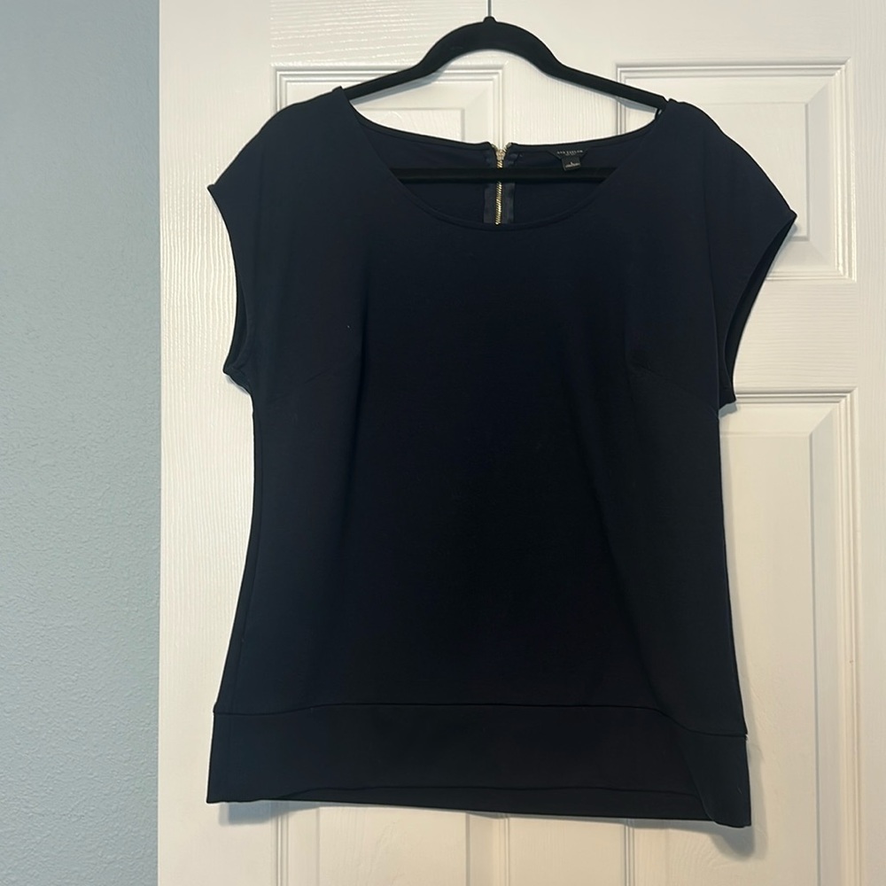 Ann Taylor Navy Blouse with Zipper Detail Boatneck Size L